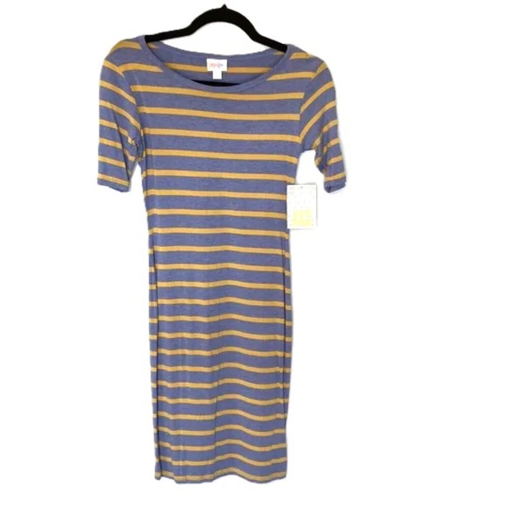 LuLaRoe Julia Tshirt Pencil Dress XXS Horizontal Stripes Denim Blue Yellow